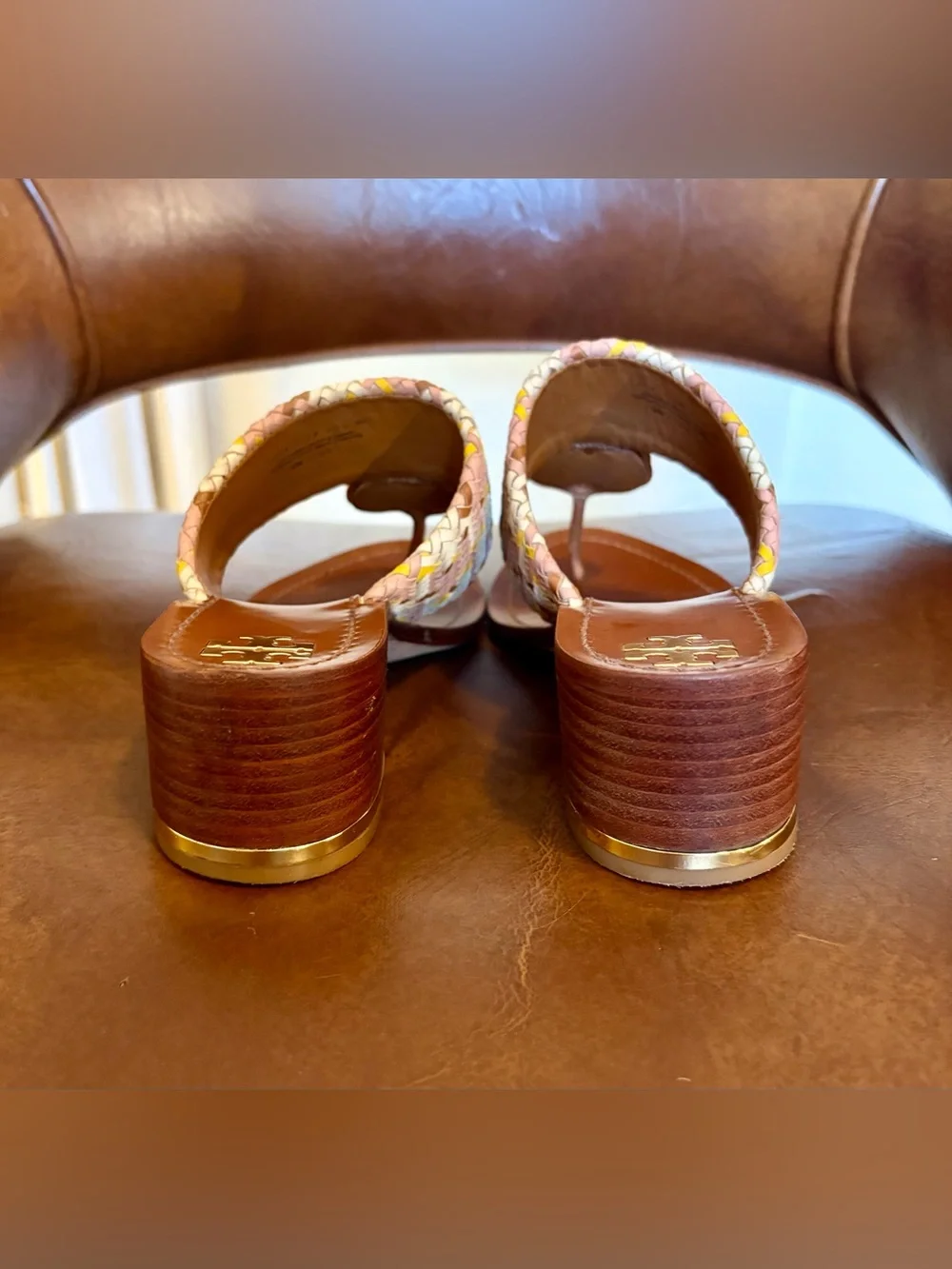 Tory Burch PATOS DISK MID-HEEL SANDAL Woven Neutral Pink Gold Accent size 8